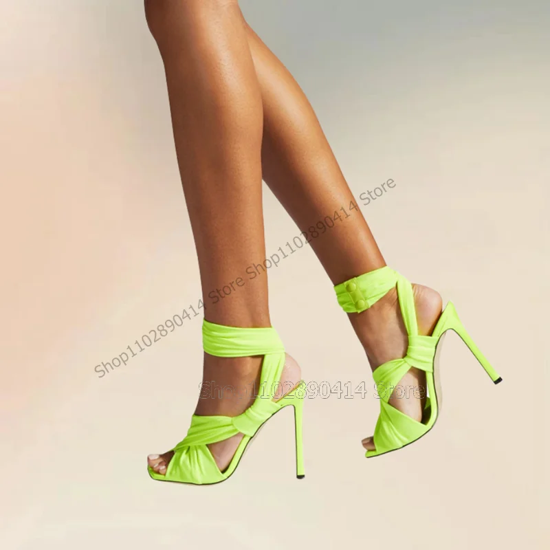 

Fluorescent Green Pleated Strap Open Toe Sandals Slip On Women Shoes Thin High Heels Fashion Banquet 2023 Zapatos Para Mujere