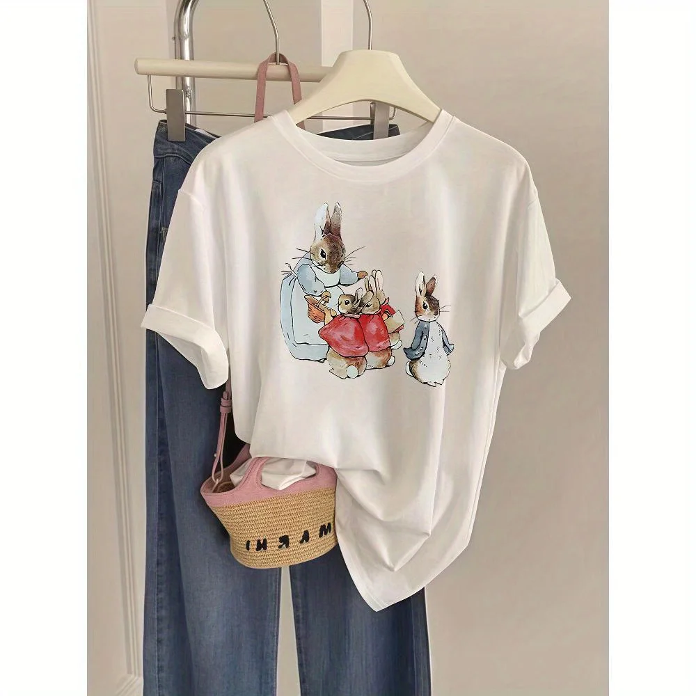 Encantadora camiseta gráfica de Peter Rabbit para mujer: estilo informal de verano con adorable estampado familiar de conejos, perfecta para fiestas