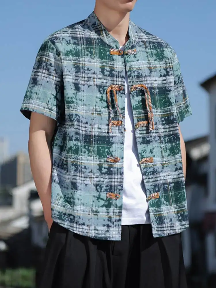 

Ретро-рубашка в клетку с эффектом тай-дай для мужчин, летняя новинка в китайском стиле, с бронзовыми пуговицами, тонкая, дышащая, легкая