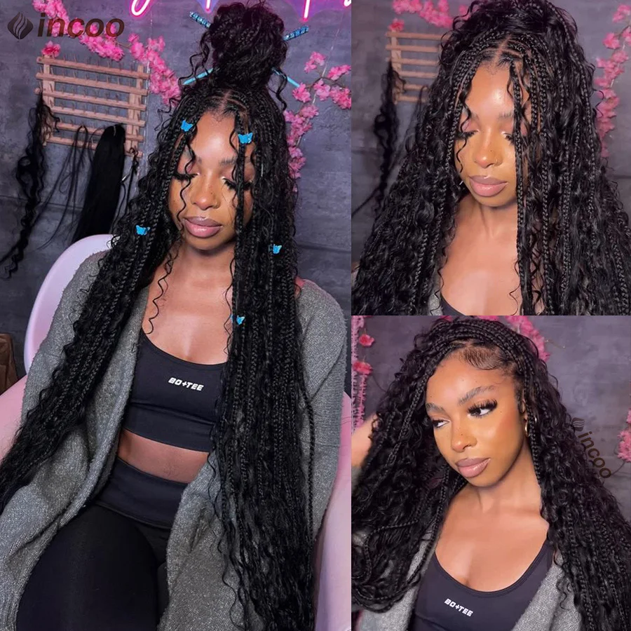 Full Lace Synthetic Boho Braids Wig 32 Inches Knotless Box Braided Wig Long Bohemian Curly Braids Afro Braiding Wig Black Women