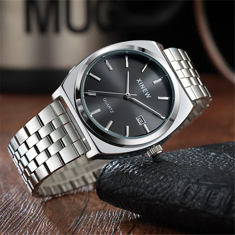 Genuine XINEW Brand Men Watches Silver Students Boys Fashion Full Stainless Steel Band Date Quartz Watch Relogios Masculinos