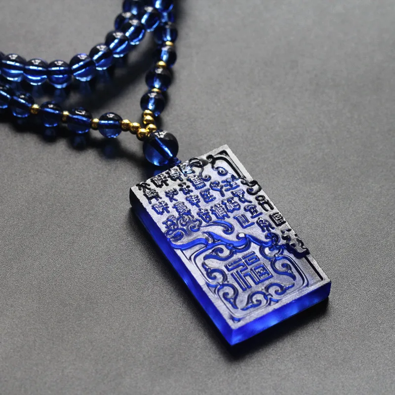 Chinese Style Lucky Blessing Blue Glaze Auspicious Ruyi Fu Character Square Pendant Necklace 108 Beads Long Sweater Chain Fortun