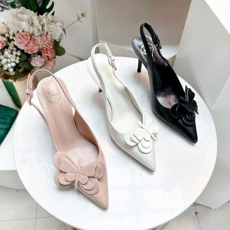 2025 Spring/Summer New High end Butterfly Decorative Pointed Shoes with Empty Lace at the Back, Elegant Stiletto Heels, Sandals