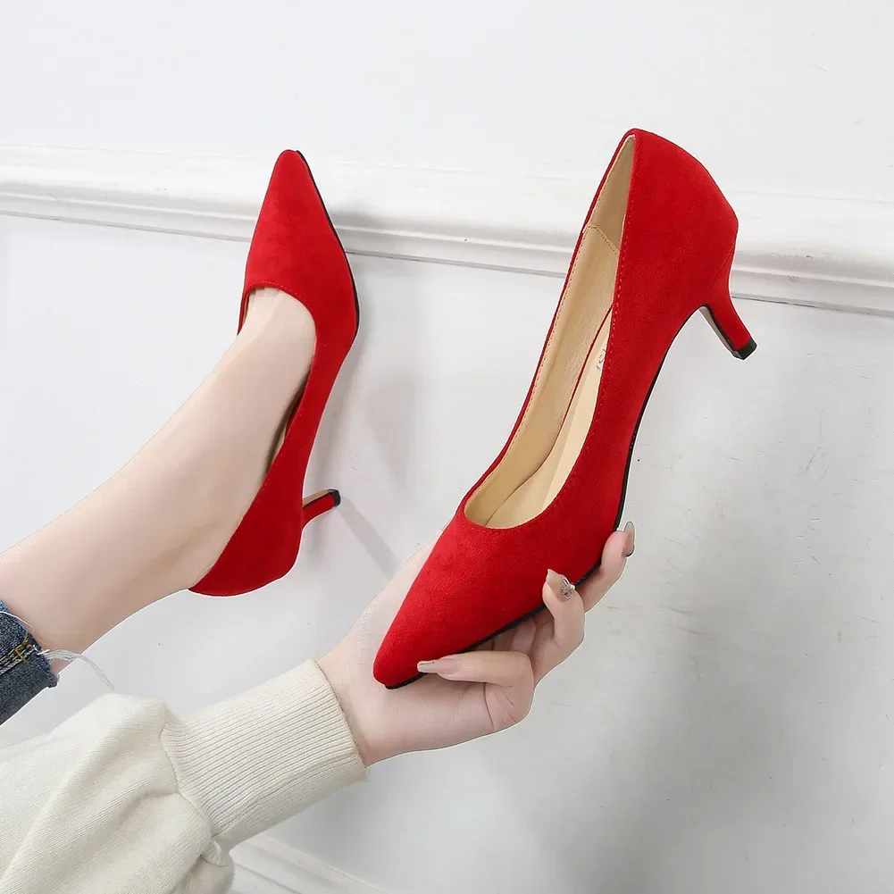 Low Heel Pumps Lady Pointed  Heels Female Green Flock Plus Size 46 Red Shoes 2023 Women 5cm High Heels Sexy Tacones Para Mujer