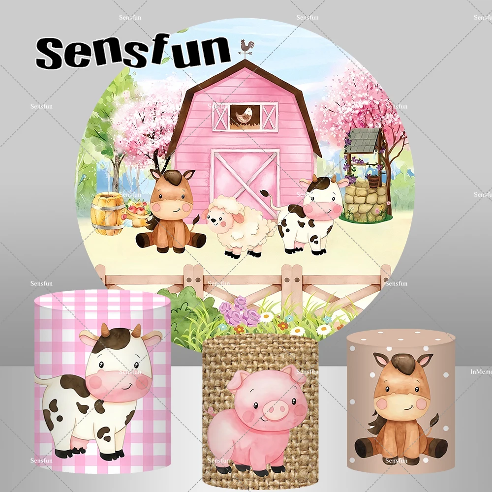 الوردي الحظيرة البيت مزرعة موضوع غطاء خلفية مستديرة الكرتون الحيوانات الفتيات استحمام الطفل 1st خلفيات حفلة عيد ميلاد