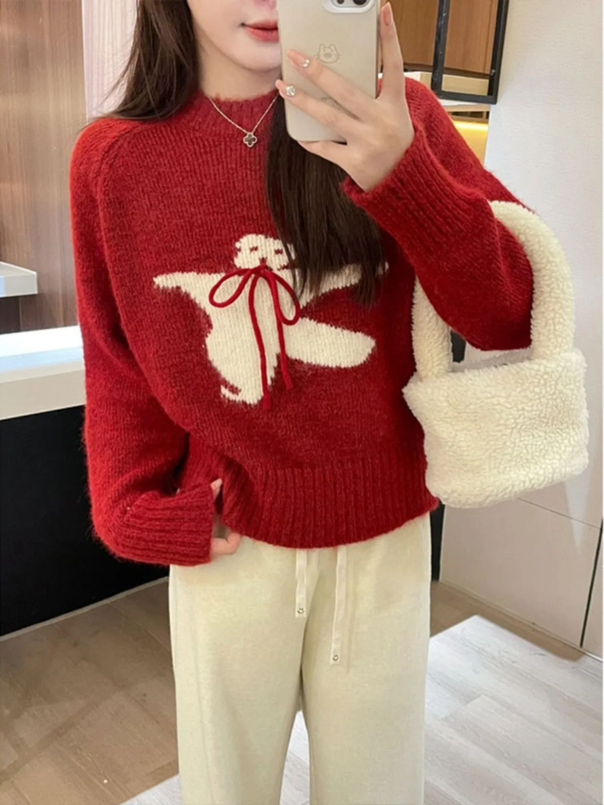 Christmas Cartoon Bear Red Sweater Women's 2024 New Autumn and Winter Idle Sle Short Knit Top