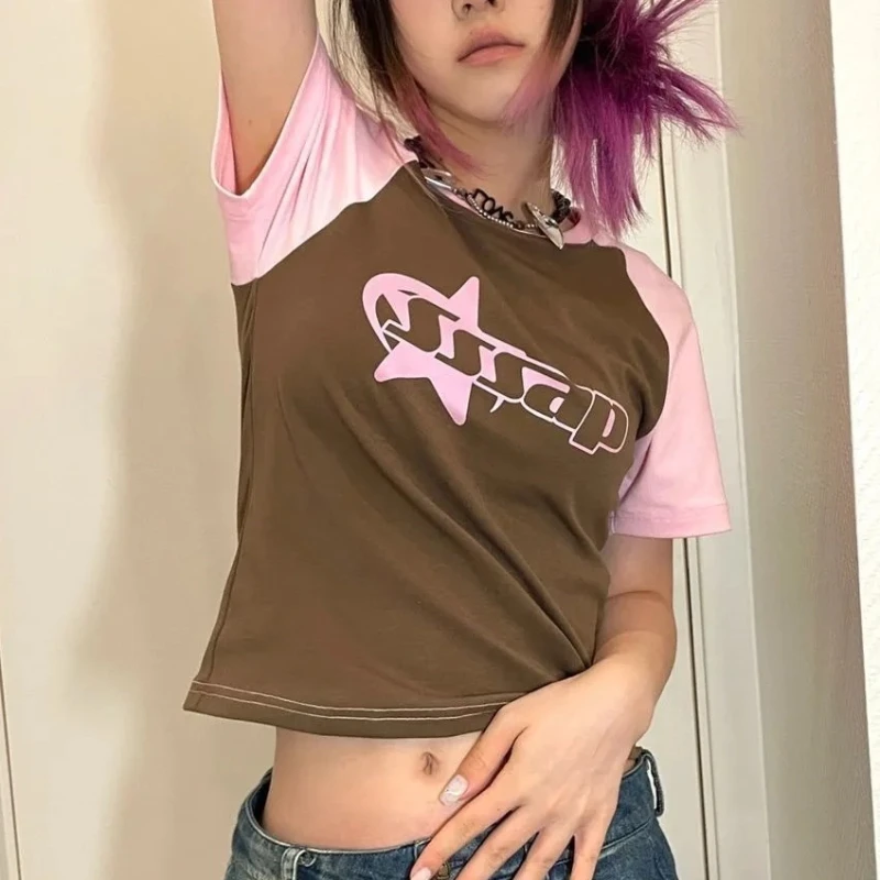 Aesthetic Summer Baby Tee Y2K Korean Patchwork Clothes Emo Streetwear Goth Harajuku Graphic Print T-shirt Women Vintage Crop Top