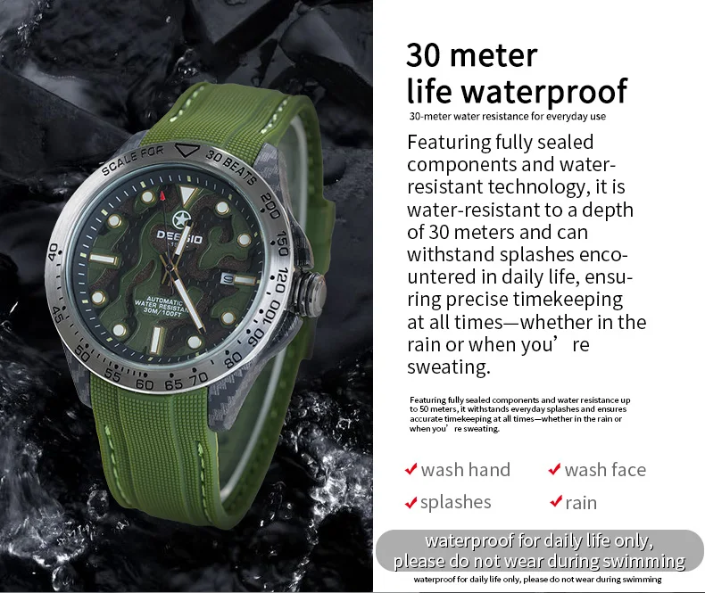 Dessio Men's Automatic Mechanical Watch | Upgrade Carbon Fiber Case Sturdy & Durable About 80g | 30M Waterproof | Luminous Dial | Date & Day Display | Trendy & Elegant Design for Business/Casual/Outdoor | Silicone Green Watch Strap | Lightweight & Sport |
