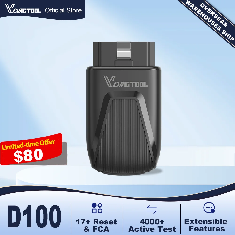 

Диагностический сканер VDIAGTOOL D100 Bluetooth OBD2 для полной диагностики автомобиля, 17 функций сброса, двунаправленное управление FCA, пожизненные бесплатные обновления