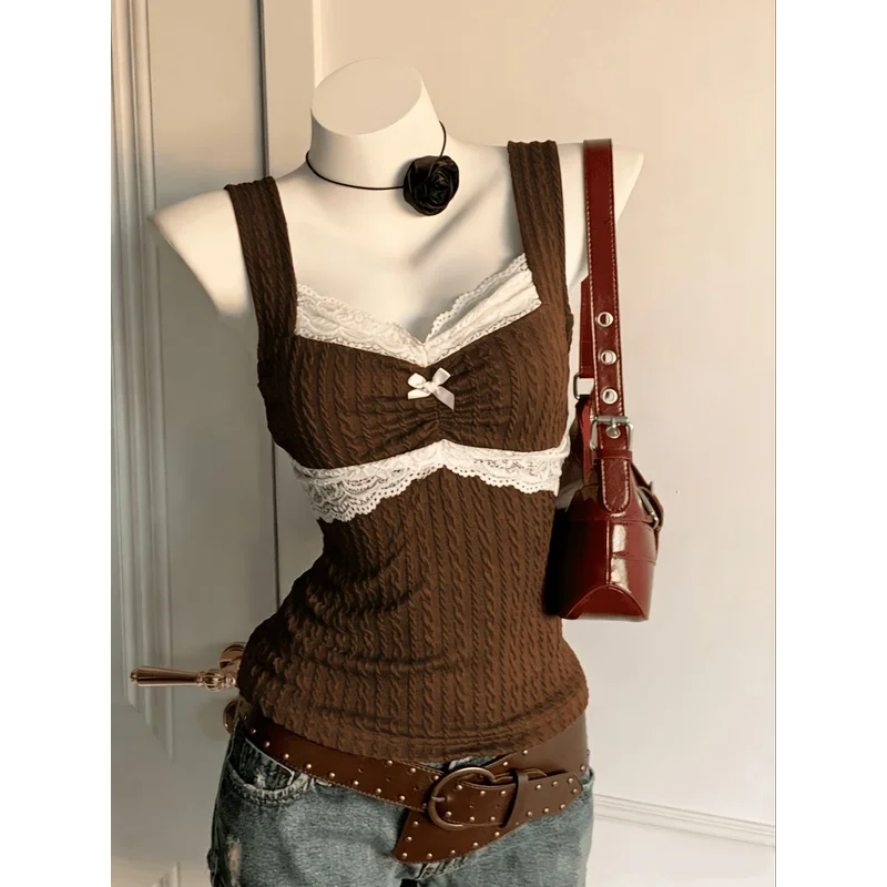 Fashionable Women's Bodice Top, Camisole Top with Lace Trim, Chest Patchwork, and Bow Accent, Elegant