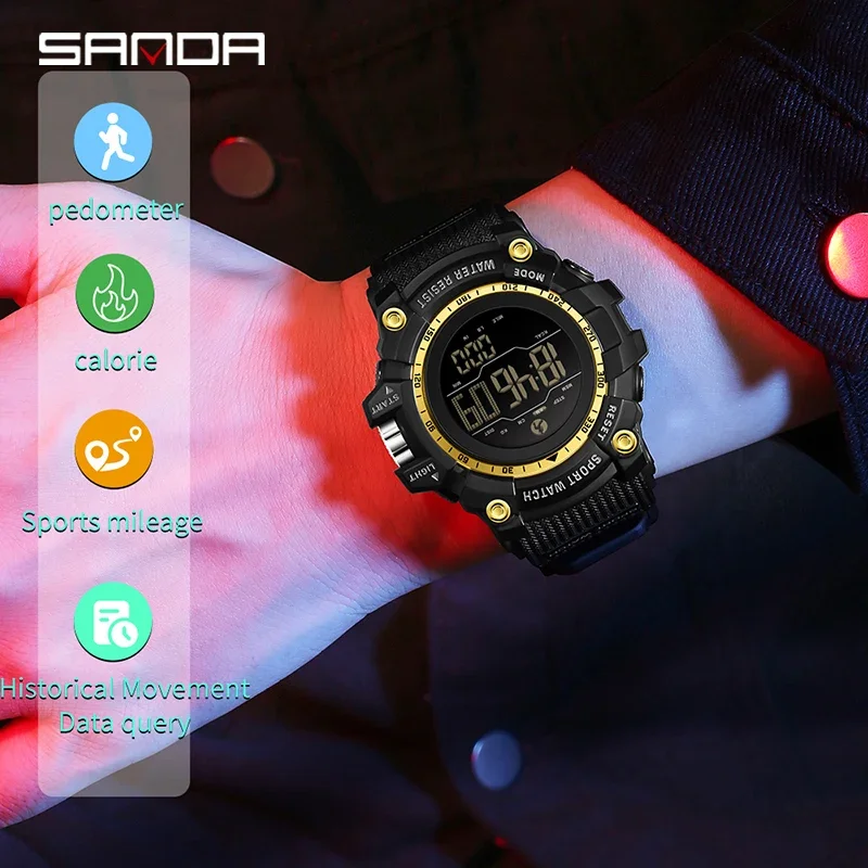 SANDA ساعات إلكترونية كلاسيكية للرجال مقاومة للماء، قرص كبير عصري، متعدد الوظائف، عد التاريخ، ساعة رياضية