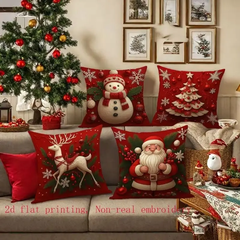 VIKAMA Christmas Set Pillow Covers Embossed Style Santa Snowman Reindeer Print Cushion Cases Sofa Couch Holiday Home Decor
