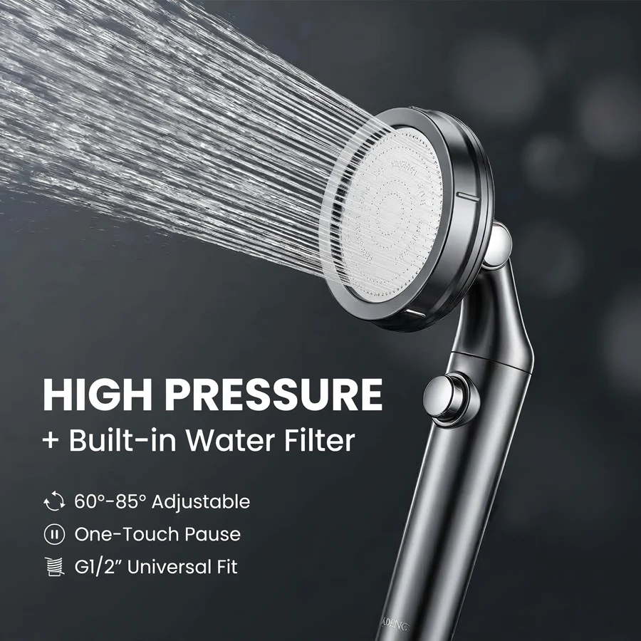 High Pressure Filtered Shower Head, Stainless Steel Laser Panel Showerhead, One-Touch Pause, Adjustable Angle Bathroom Shower