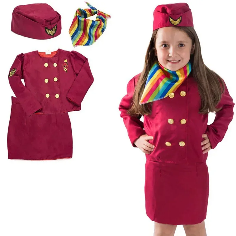 2022 Kids Flight Attendent Cosplay Costumes Girls Stewardess Airline Service Uniforms Halloween Party Performance Clothing Set