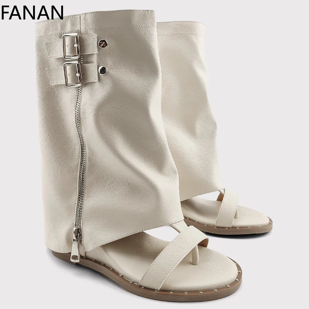 

Original Inner Heightening Trousers Shoes White Sandals Heel Boots Women's 2025 Wedge Heel Thin Fashion Roman Short Boots