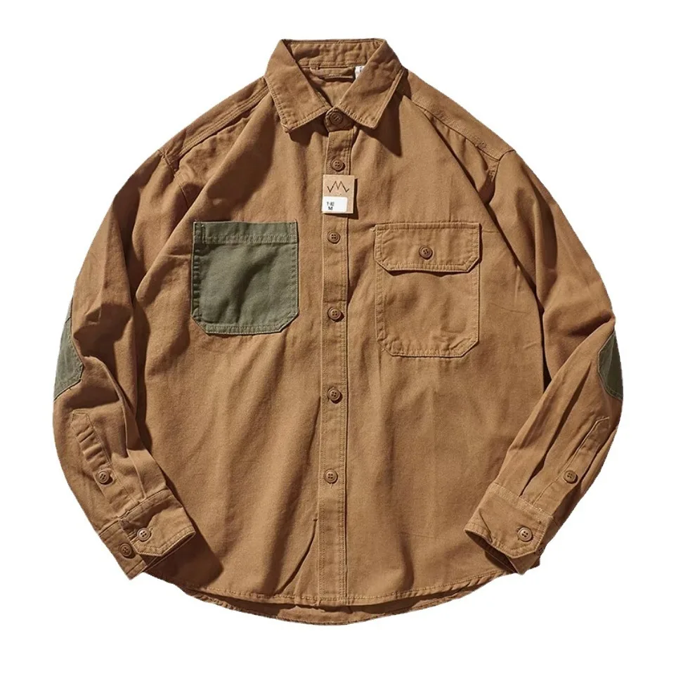 New-Retro-American-Casual-Work-Shirt-Men's-Cardigan-Jacket-Contrast-Color-Patch-Trendy-Brand-Handsome-Long-sleeved-Shirt