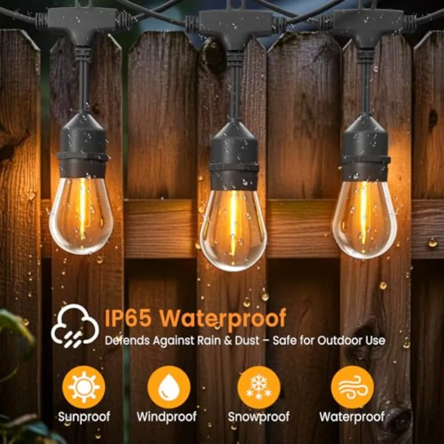 48Feet Outdoor String Lights with Remote and Dimmer, 24+2 Commercial Grade IP65 Waterproof Bulbs, 2700K Warm White, 3 Lighting