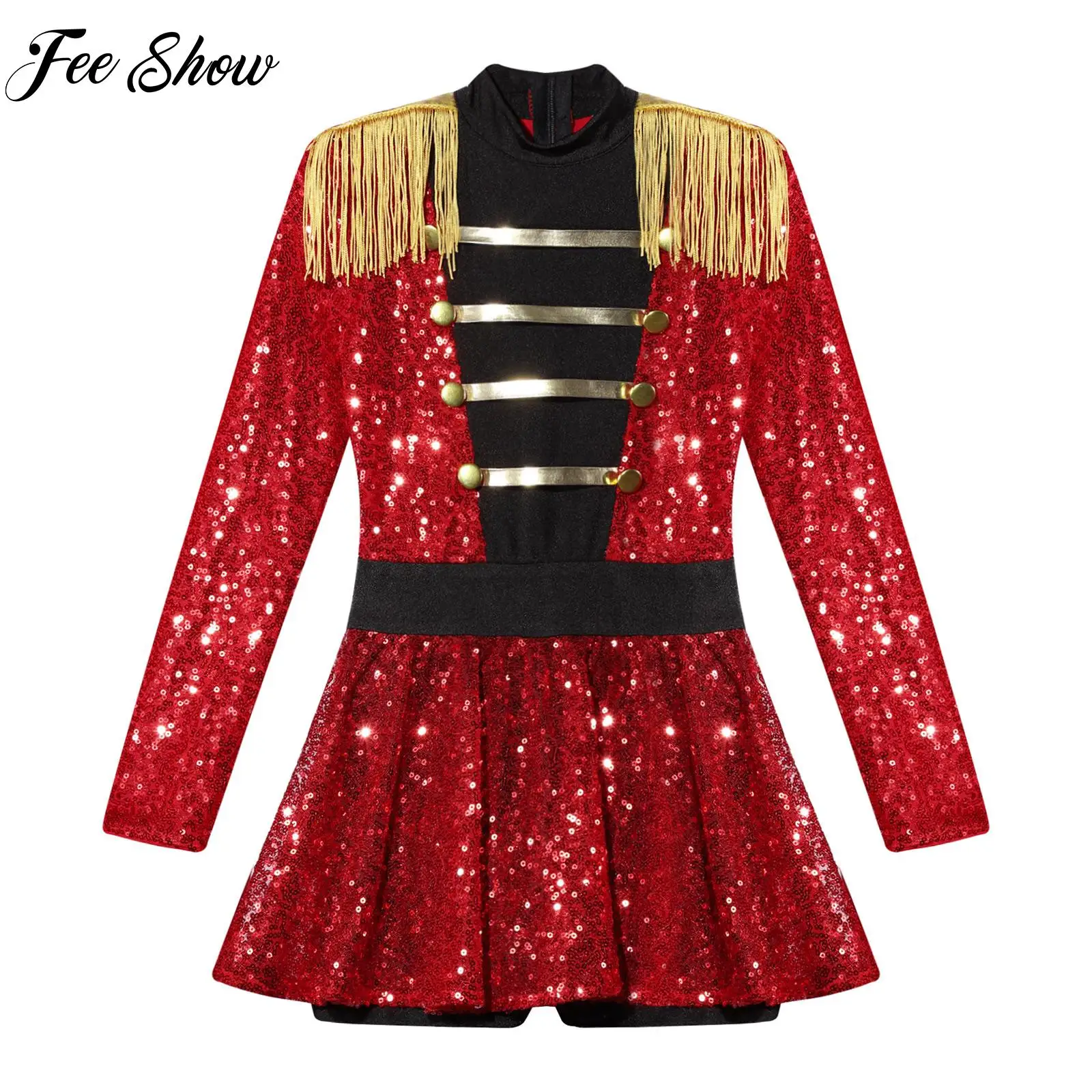 

Children Girls Ringmaster Circus Dance Costume Tassel Epaulet Shiny Sequins Dress Jumpsuit Costume for Halloween Cosplay Party