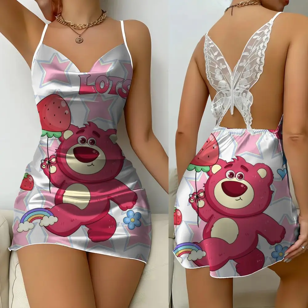 Sexy trendige Kleidung Damen Schmetterling Spitze Hosenträger Home Nachthemd Disney Lotso süßes Musterdruck Satinkleid