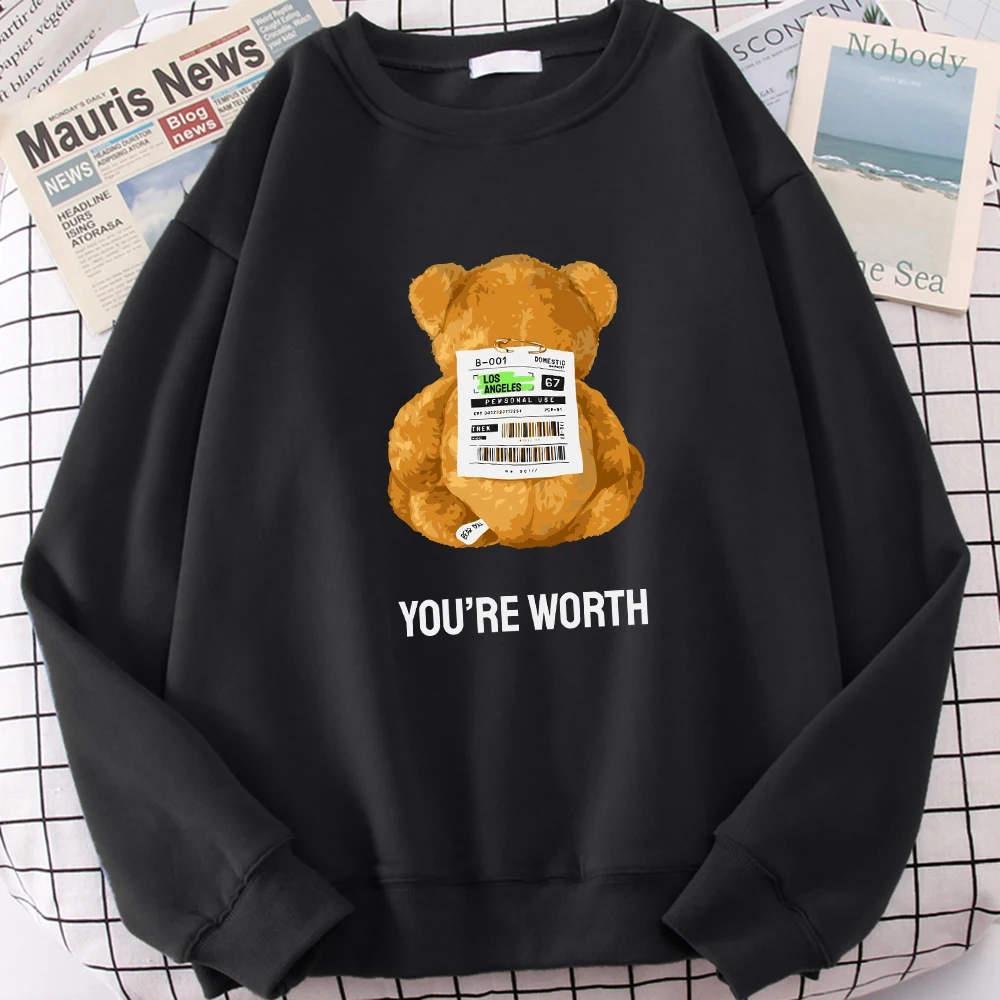 You Are Worth Slogan With Bear Doll Los Angeles Print Women Sweatshirt Retro Fleece Pullovers All-Match Hip Hop Clothes Soft Top