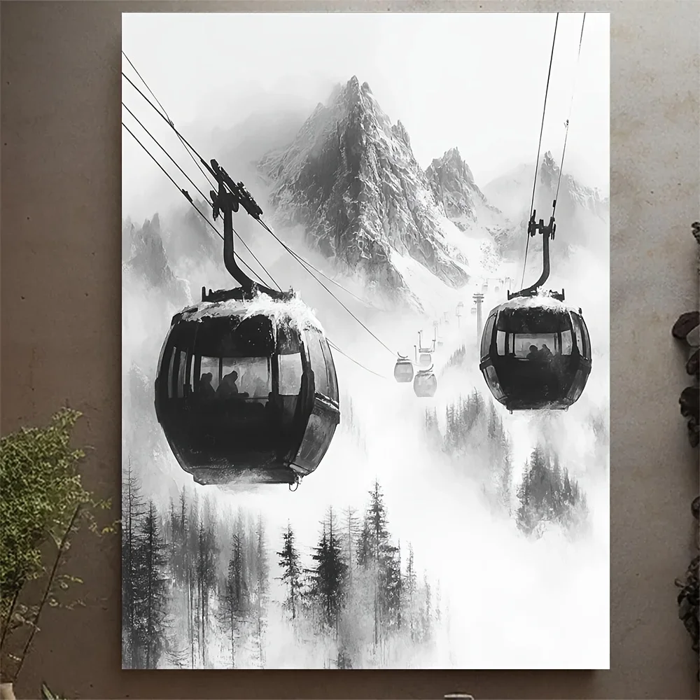 (No frame)1pc, [2D Flat] with Frame, 12x16inch Ski Lift Canvas Print, Black and White Ski Lift Wall Art, Skier Gift, Cable  P