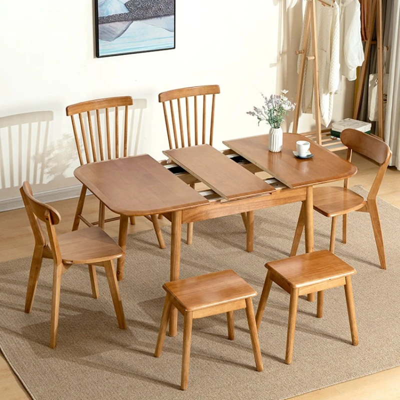 

All solid wood small apartment retractable folding dining table and chairs modern simple space saving household rectangular