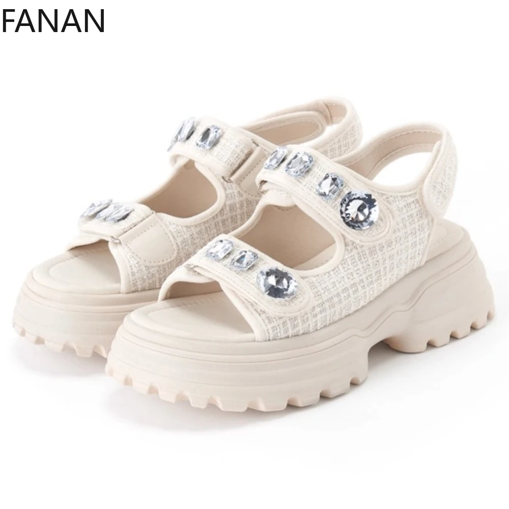 

Japanese Rhinestone High Heel Sandals Shoes Casual Velcro Sports Roman Sandals Summer 2025 Original Non-Slip Slippers