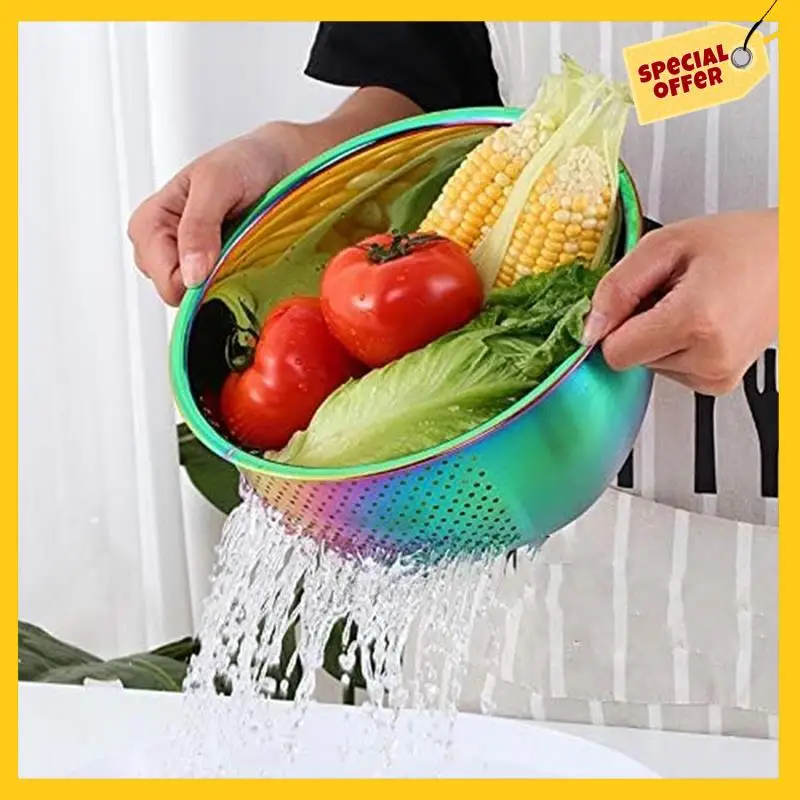 

Rice Washing Bowl Stainless Steel Versatile 3-In-1 Colander And Kitchen Strainer With Side Drainers For Rice Vegetables Durable