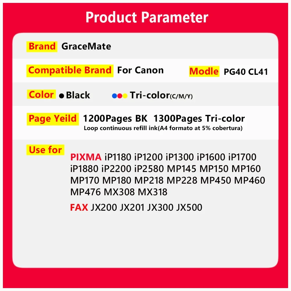 Pg40 Cl41 Refill Ink Kit PG 40 CL 41 Ink Cartridge Compatible for Canon PIXMA IP2500 IP2600 MX300 MX310 MP160 MP140 MP150 MP160