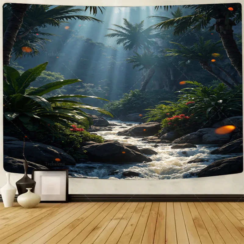 قطعة واحدة من نسيج الجدار نسيج تيار الغابة الاستوائية - أشجار النخيل المضاءة بالشمس ومشهد النهر