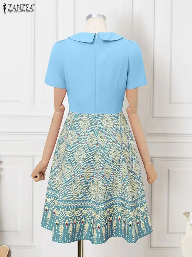 ZANZEA 우아한 리본 드레스 여성 여름 프린팅 보헤미안 썬드레스 2025 패션 반팔 A라인 캐주얼 루즈 파티 로브