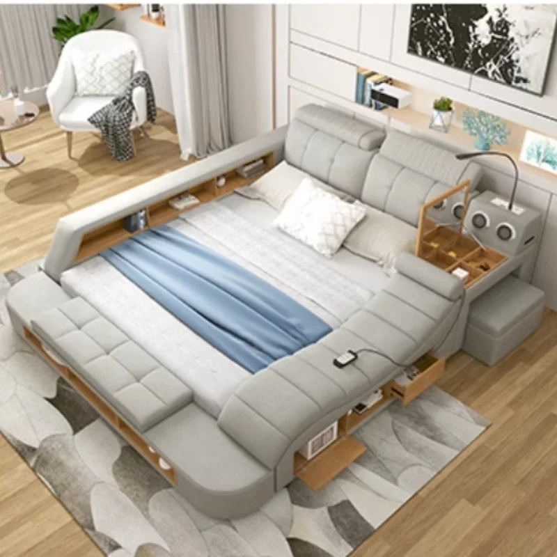 Simple Headboard Frame Double Bed Luxury Wooden Nordic Queen Multifunction Bed Unique Modern Cama Matrimonial Bedroom Furniture