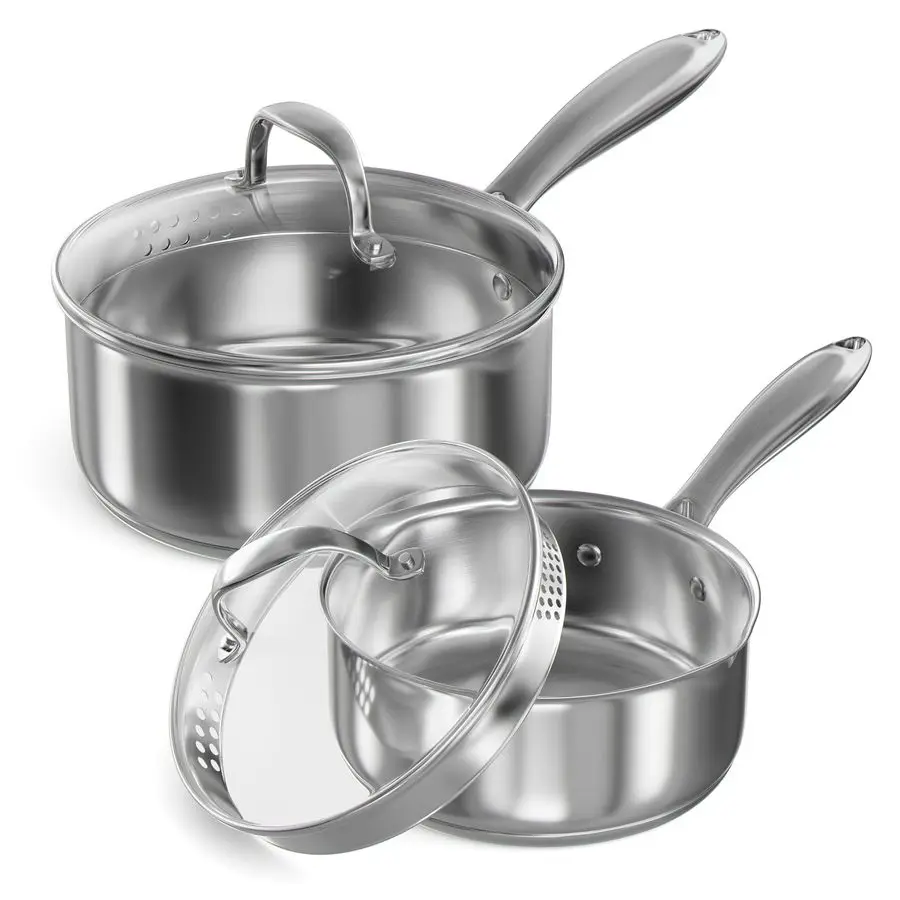 

Steel Saucepan Set with Strainer Glass Lid, 1Quart and 2Quart TriPly Capsule Bottom Sauce Pan Pot, Two Pour Spout, Dishwasher an