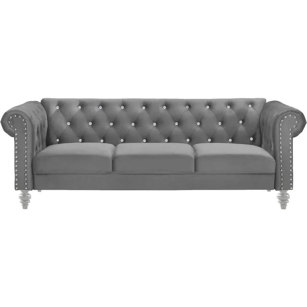 living room sofas Glam Emma Velvet Three Seater Chesterfield Style Sofa for Small Spaces with Crystal Button Tufts sofas