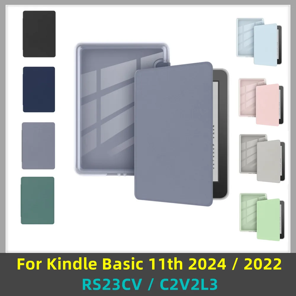 PU Smart Case for All New Kindle Basic 11th Generation C2V2L3 RS23CV 2022/2024 6'' Acrylic Shell E-book Clear Back Cover