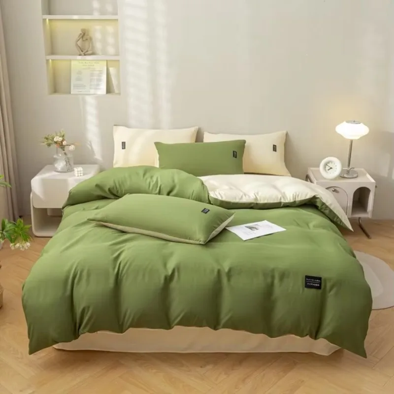 

Washed cotton and linen single duvet cover,contrasting color double splicing four piece set, suitable for sleeping naked