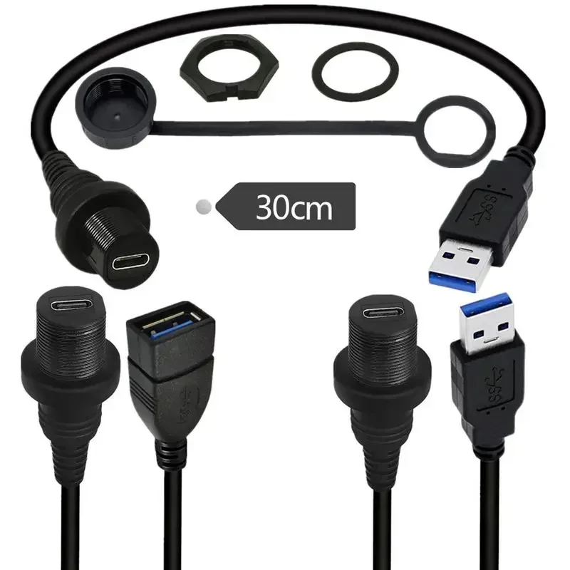 USB3.0 A Male A Female To 90 ° Elbow Type-C3.1 Female Car Yacht Motorcycle Dashboard Panel Embedded Waterproof Cable 0.3M