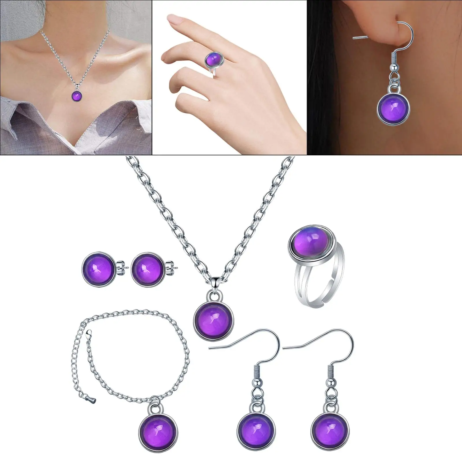 Mood Jewelry Round Pendant Statement Necklace for Women Temperature Sensing Color Changing Jewelry Set Daily Wear