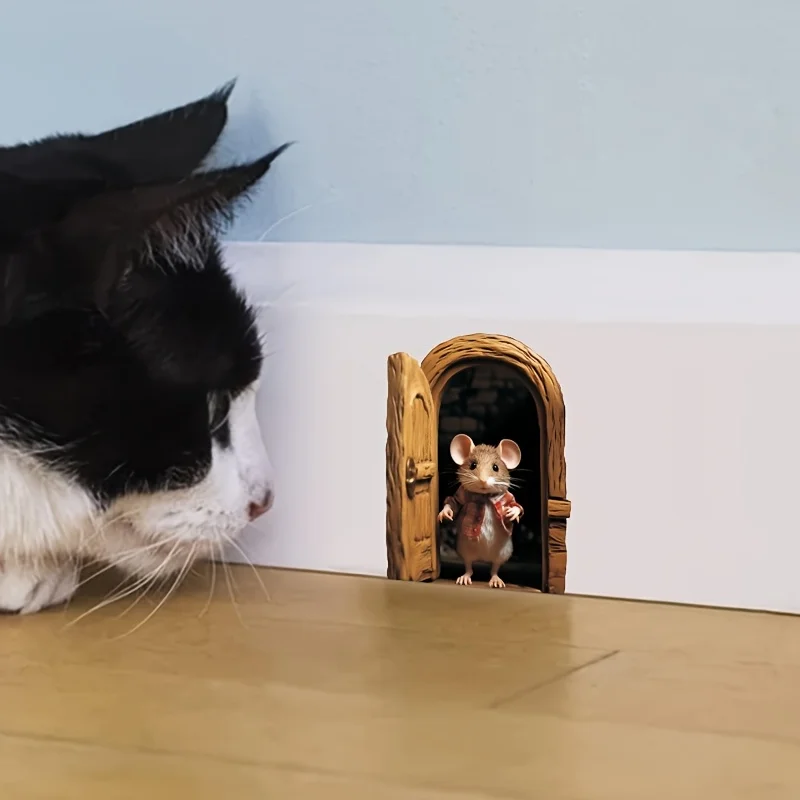 ملصق حائط بفتحة ماوس ثلاثية الأبعاد غريب الأطوار - تصميم رائع مطلي باللون الأحمر للماوس، سهل الاستخدام ملصق PVC قابل للفصل لغرفة المعيشة