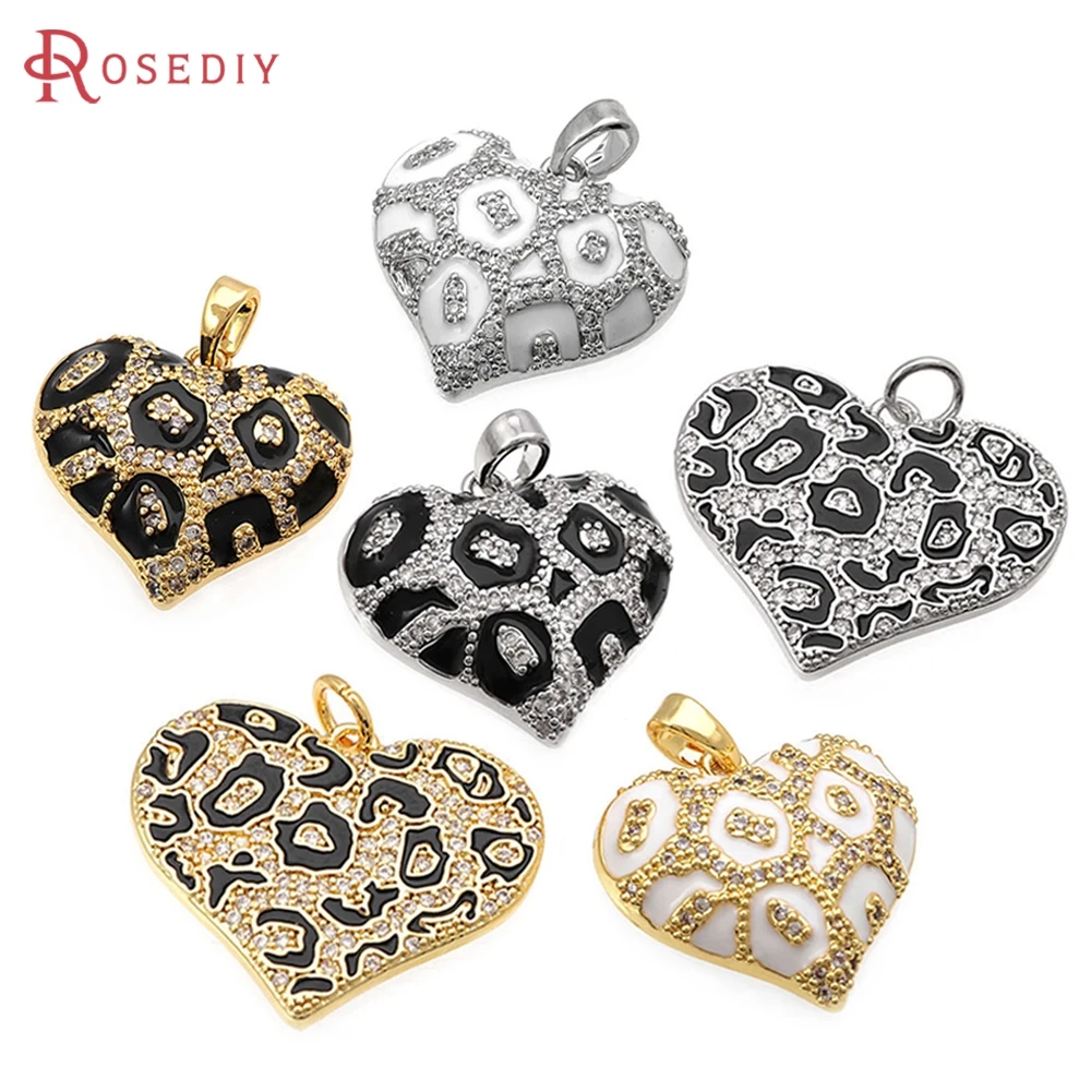 18K Gold Color Brass Zircon with Oil Paintings Leopard Print Heart Necklaces Charms Pendants High Quality Diy Accessories