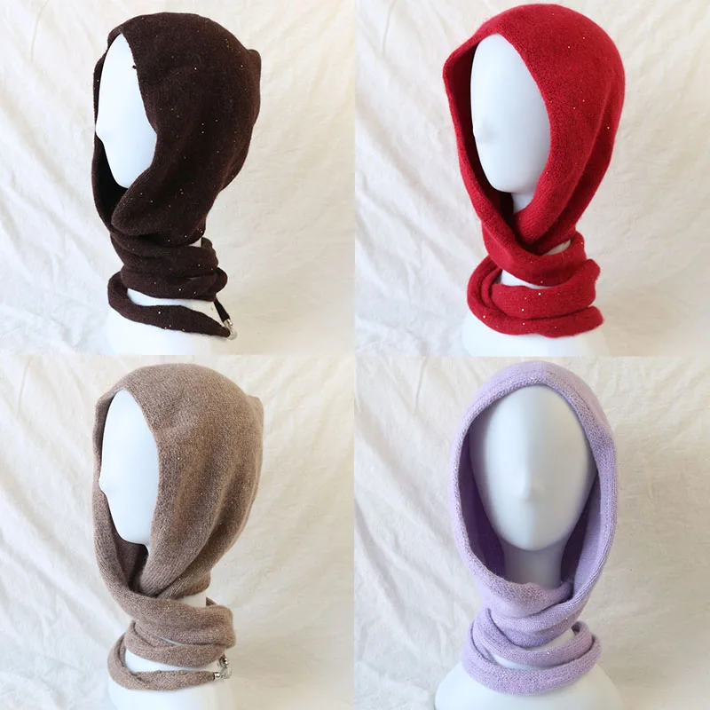 Fluffy Fuzzy Glitter Balaclava Hat Scarf Magnetic Bead Buckle Knitted Hat for Women Winter Outdoor Windproof Neck Warmer Beanies