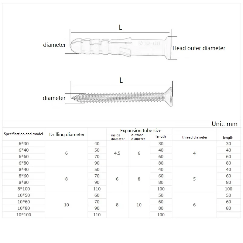 Sets Plastic Tube Expansion Wall Anchors Plugs Fasteners Nylon Self-TappingPhillips Head Screw Bolt Ribbed YellowDrywall M6M8M10