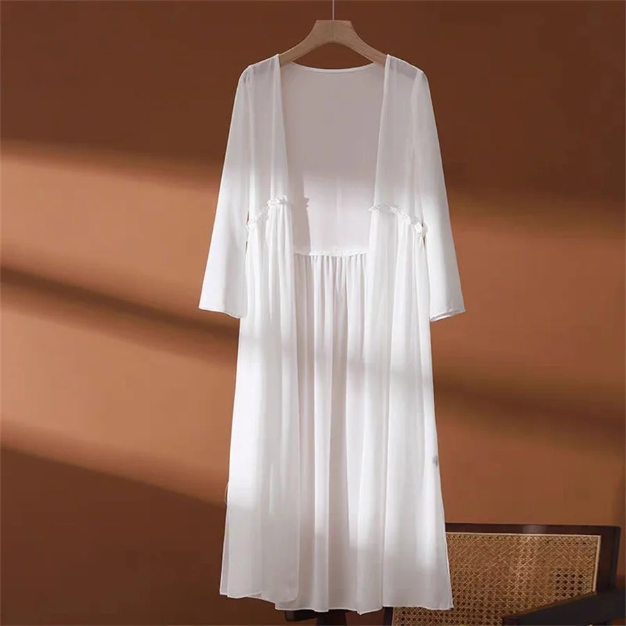 Cardigã Longo Feminino de Chiffon Estilo Coreano para Primavera e Verão, Proteção Solar, Casaco Feminino, Jaqueta, Xale