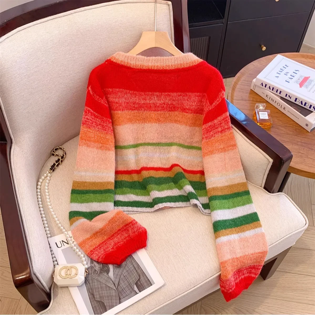 Dopamine Rainbow Striped Knitted Cardigan Women's 2024 Autumn New Loose Contrast Cardigan Fashion Leisure Sweet Sweater