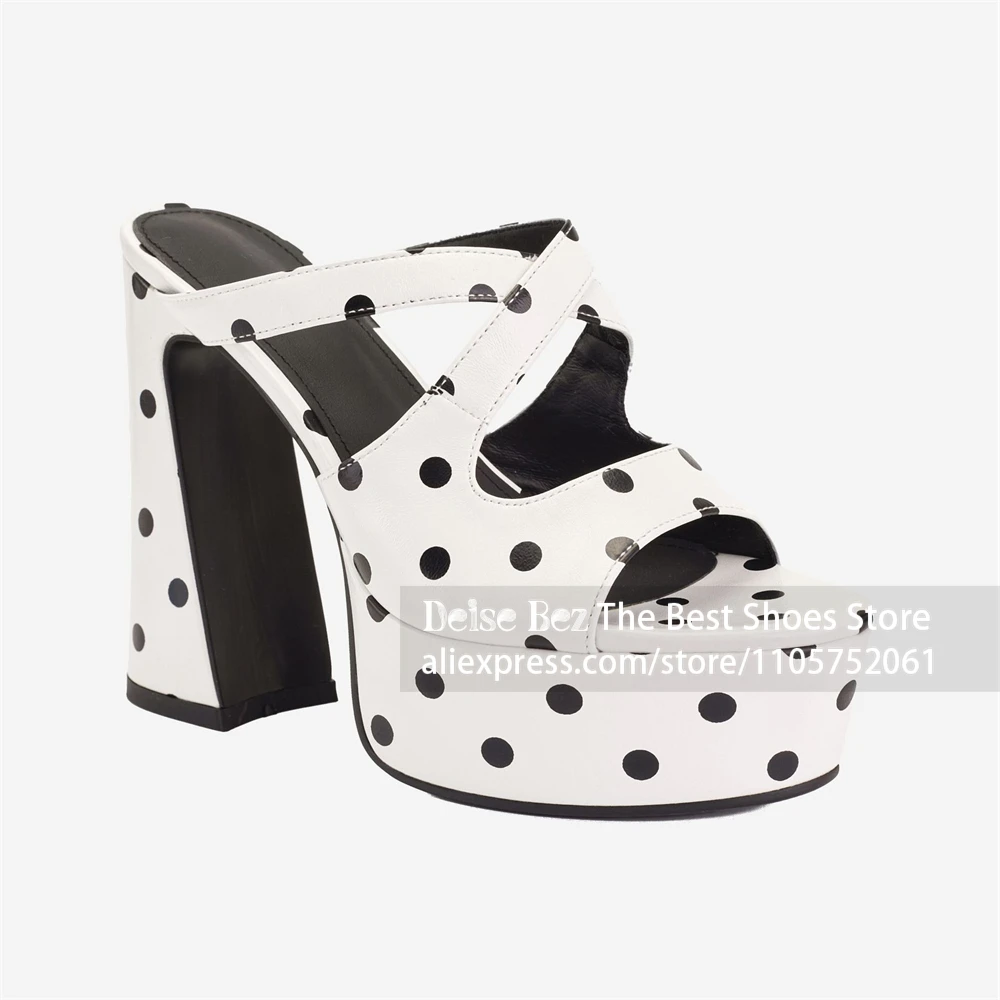 Black White Polka Dot Platform Block Heel Mules Cross Strap Chunky Heel Backless Platform Sandals Vintage Polka Dot High Heels