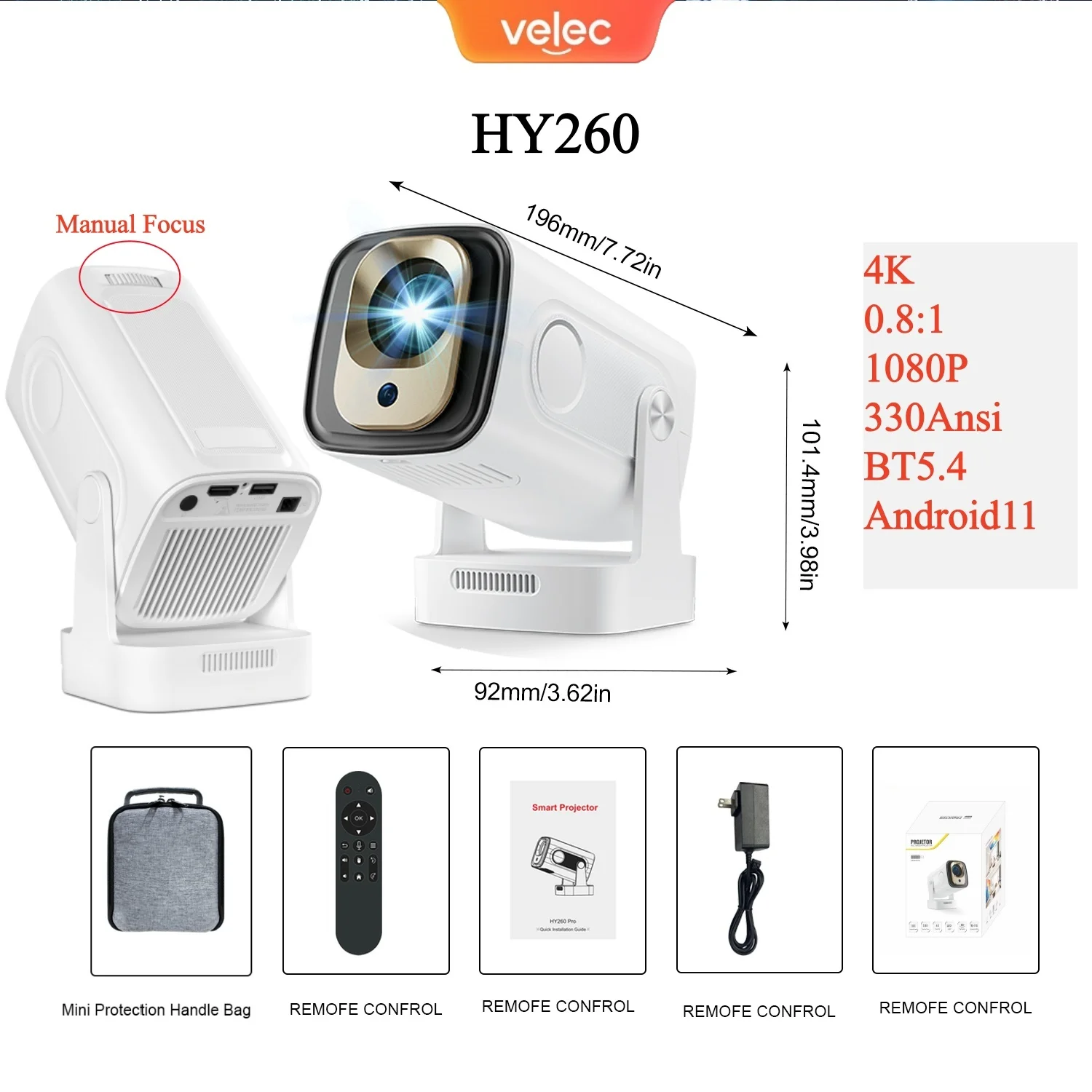 جهاز عرض Velec HY260 330ANSI Android11 4K1080P WiFi6 BT5.4 جهاز عرض محمول مع حقيبة مزدوجة واي فاي جهاز عرض منزلي للفيلم الخارجي