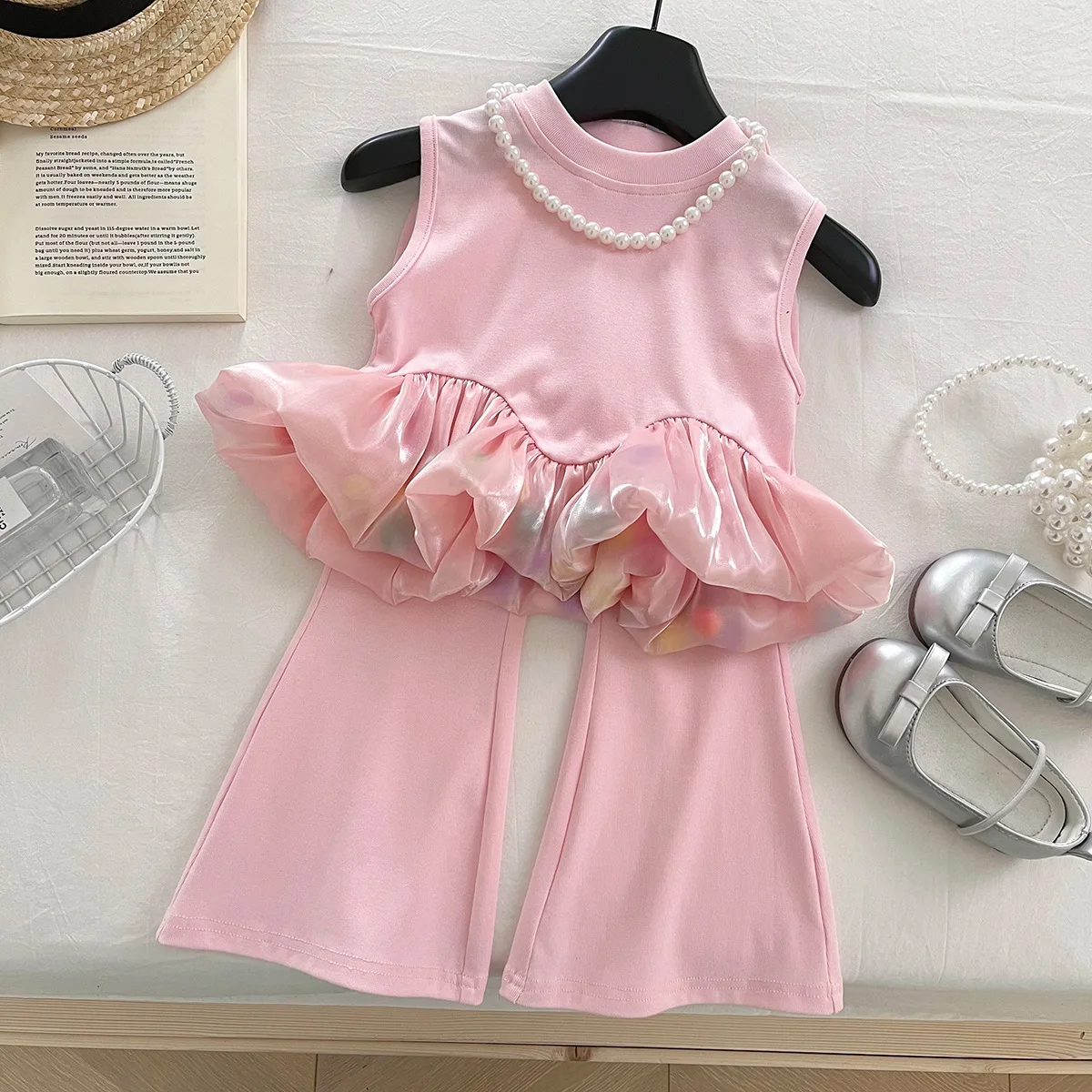 Summer Girls Clothing Set Solid Color Splicing Sleeveless T-shirt+Trousers 2Pcs Suit For 2-10 Years Kids Gift Pearl Necklace