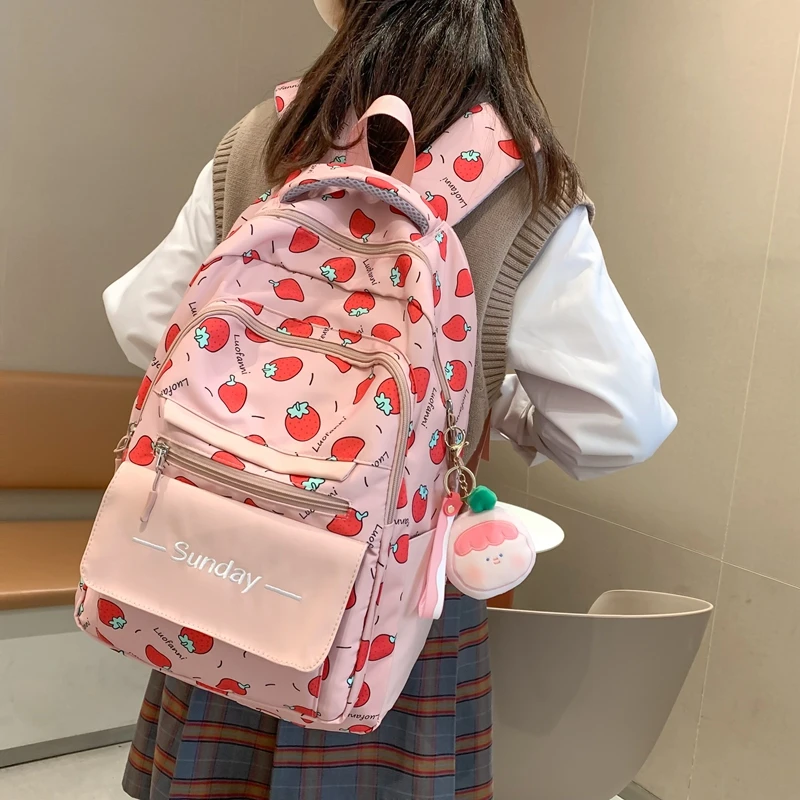 

New Cute Fruit Printed Women Backpack Multi Pocket Kawaii School Bags For Teenage Girls Large Capacity Student College Backpack