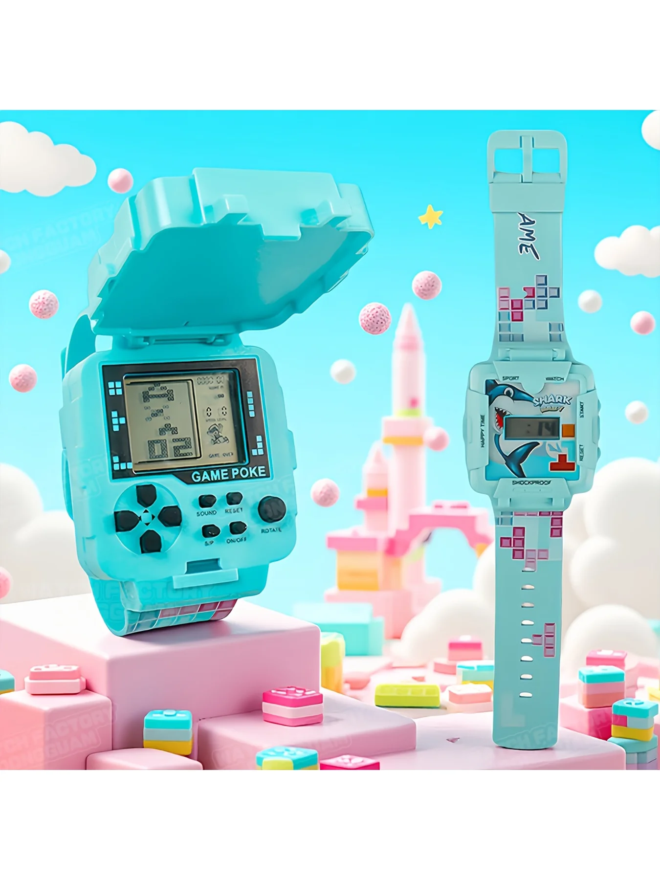 New retro-style small game electronic watch with a flip design and built-in classic games. The vibrant blue retro-style wristban