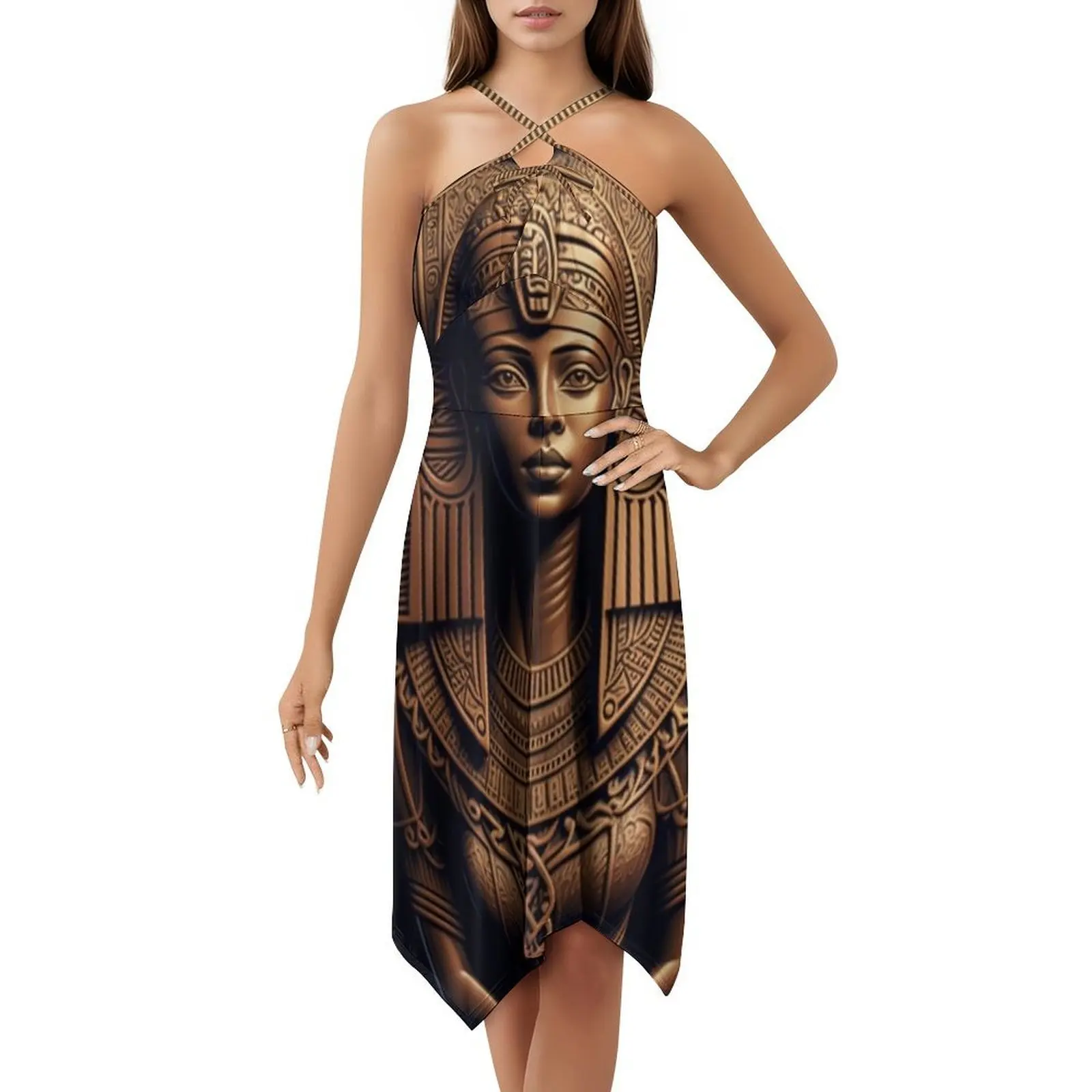 الكاهنة المصرية في الذهب. فستان نسائي للحفلات ملابس الشارع الشهير ملابس نادي مطبوعة عصرية للنساء مجمدة مصرية مصرية قديمة #5
